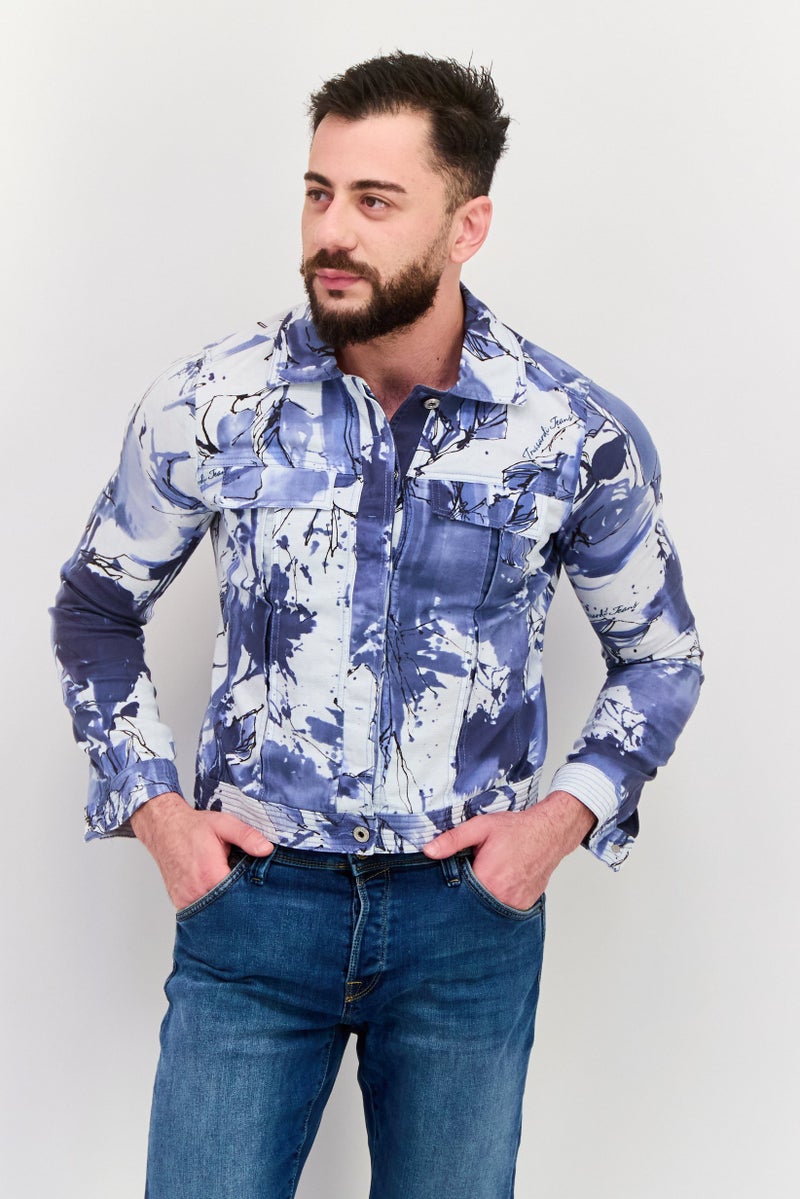 TRUSSARDI Men Allover Print Jacket Shirt, Blue - Image 1